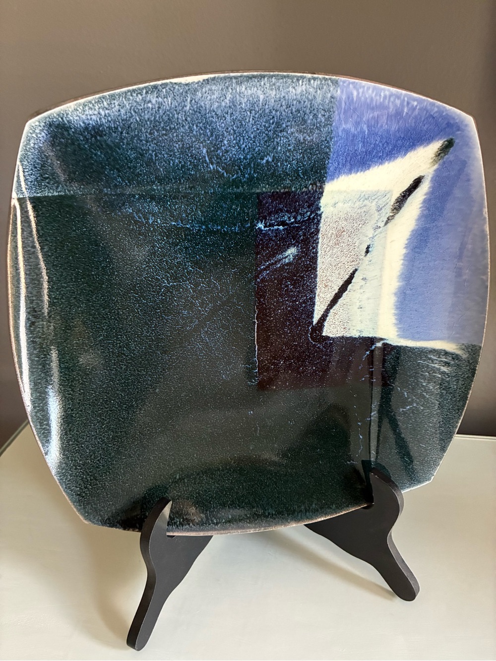 Decorative Abstract Ceramic Plate in Deep Shades of Blue